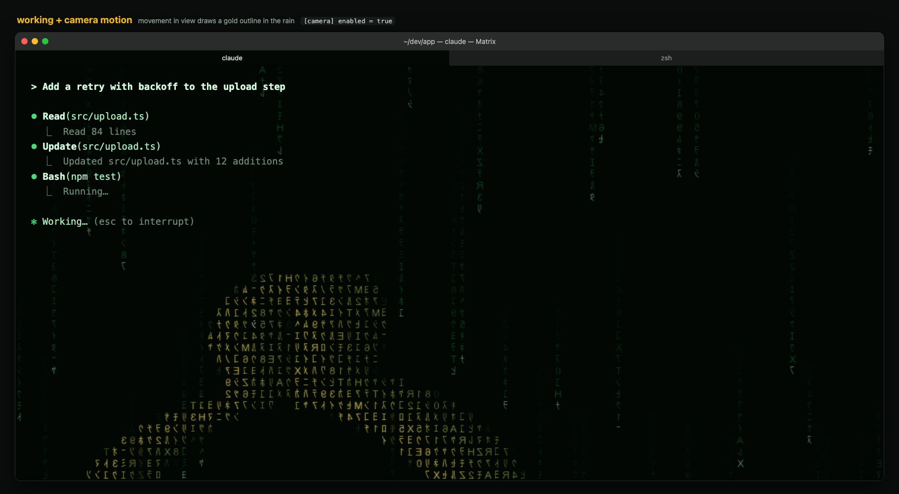 A large iTerm2 window in the working state.  Behind the Claude Code text, the rain draws a gold outline of a head and shoulders where a figure moved.